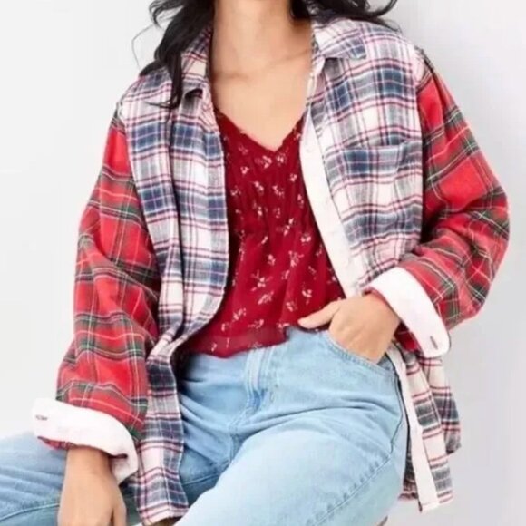 EUC Women's AMERICAN EAGLE Patchwork Super Soft Flannel Button Down | Size L - Picture 1 of 11